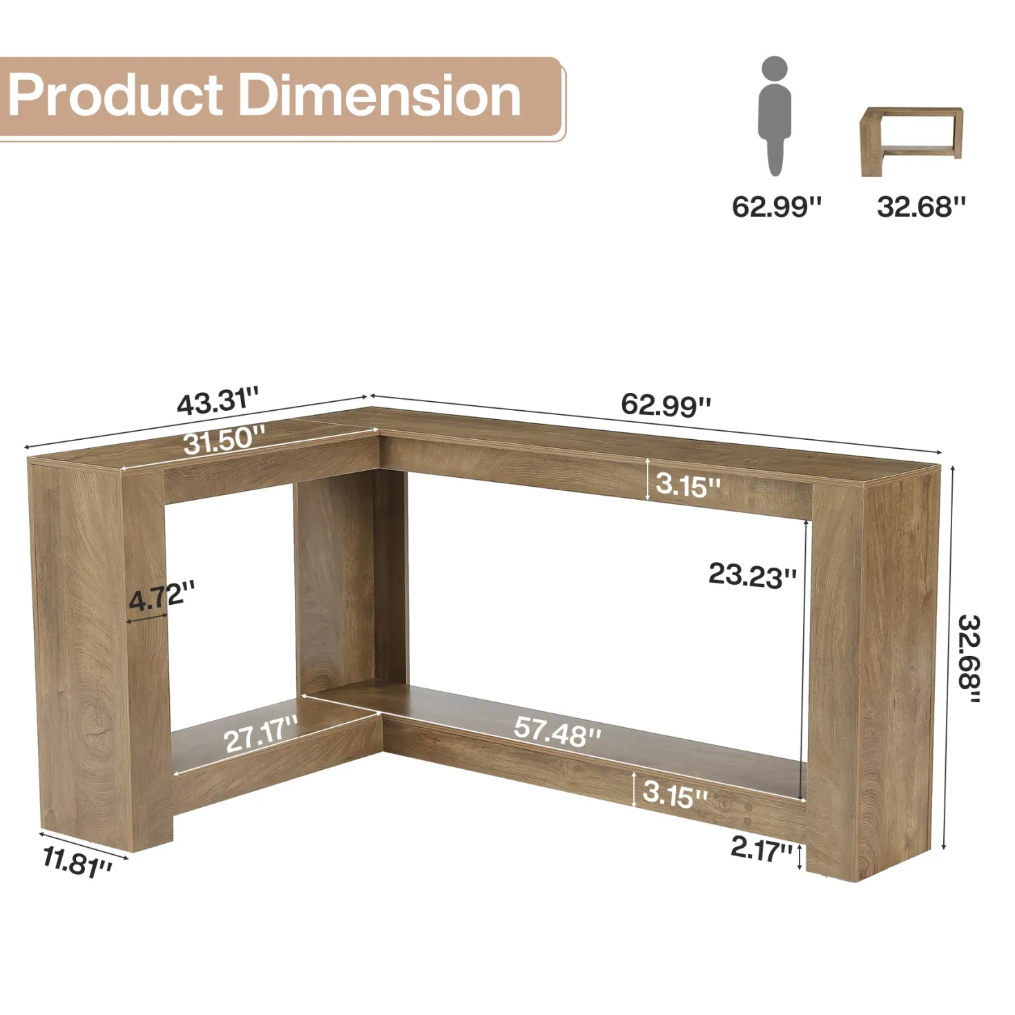 63" L-Shaped Sofa Table for Behind Couch, 2-Tier Storage Shelf for Living Room or Entryway Corner