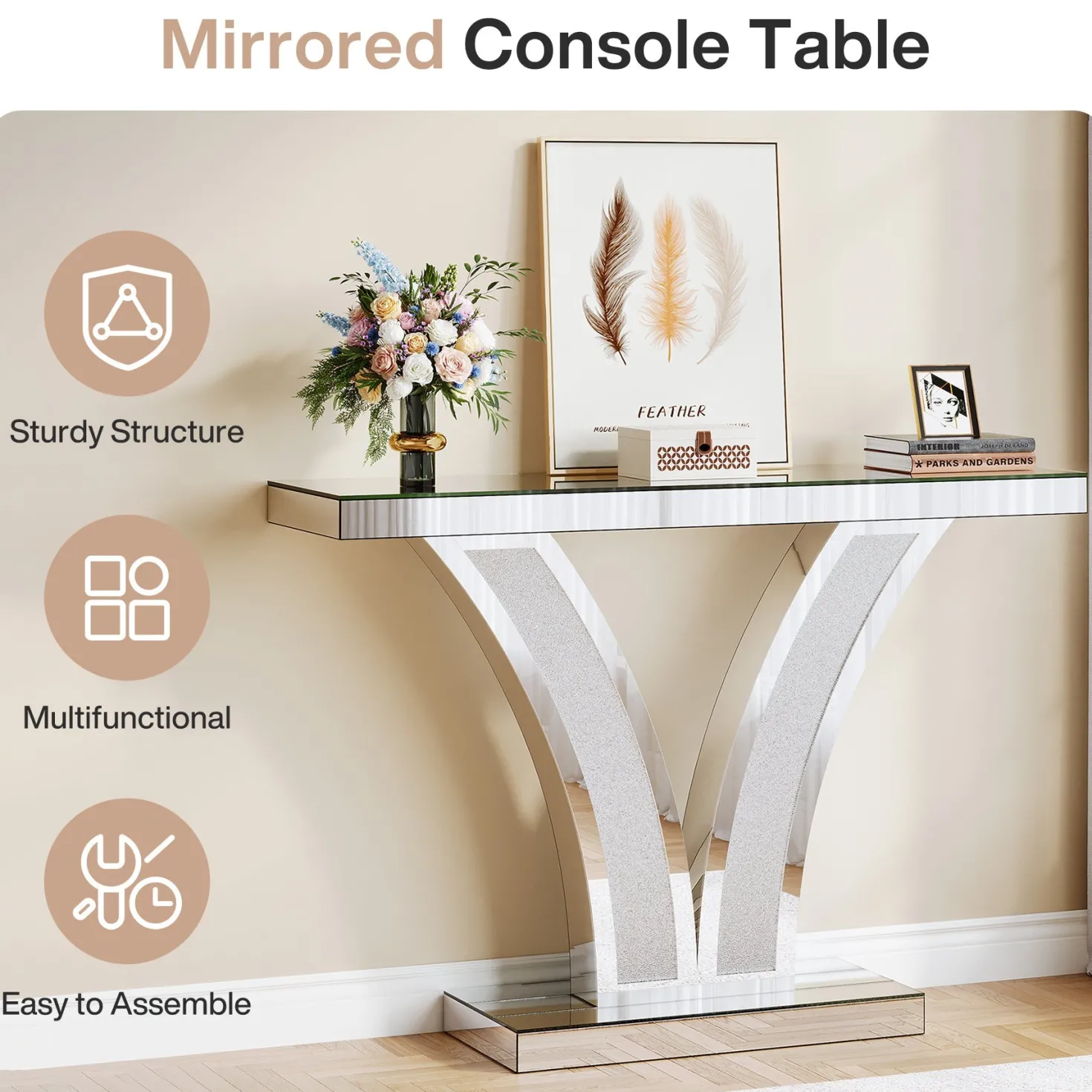 39" Mirrored Console Table, Modern Silver Entryway Table