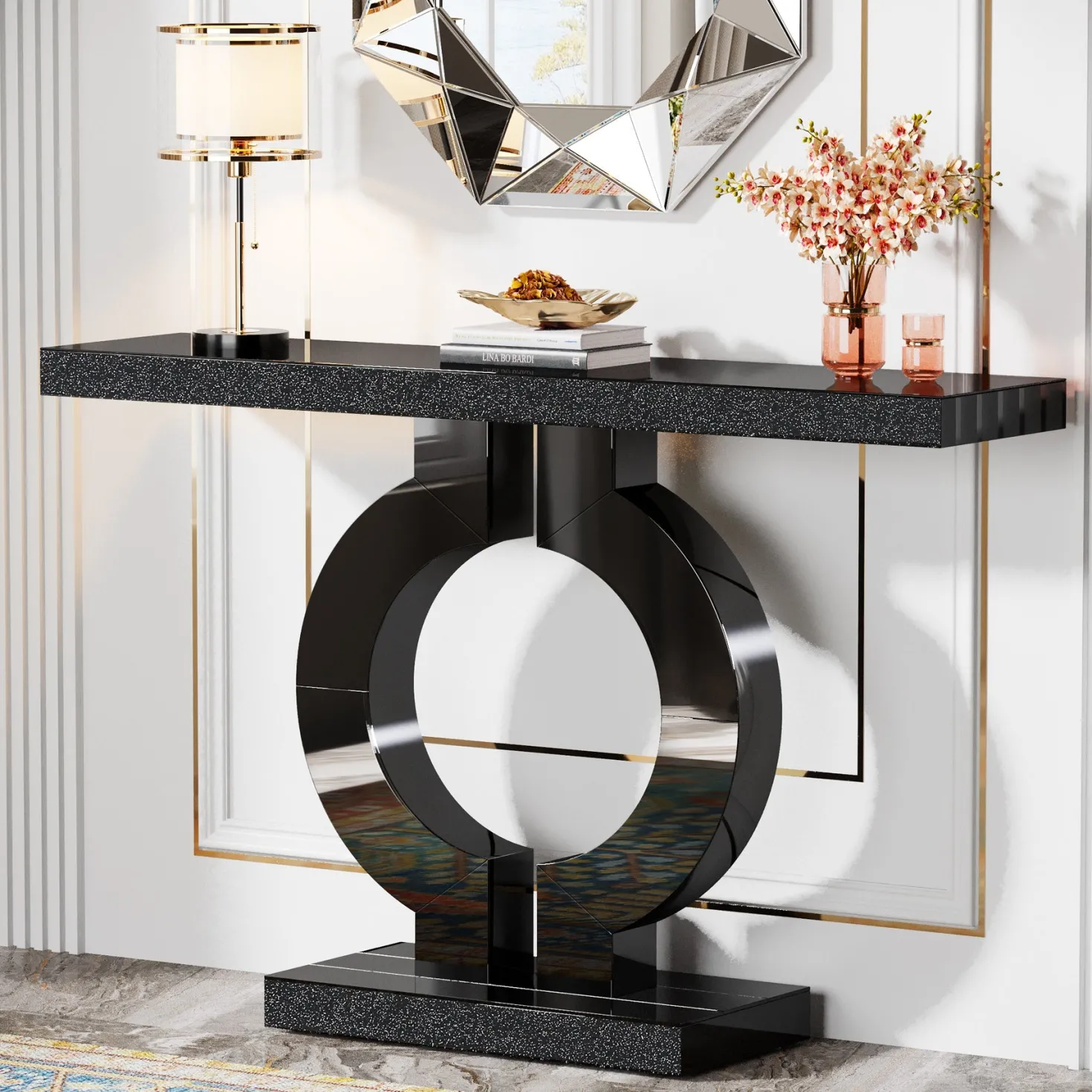43" Mirrored Console Table, Modern Silver Sofa Table with O-Shaped Base