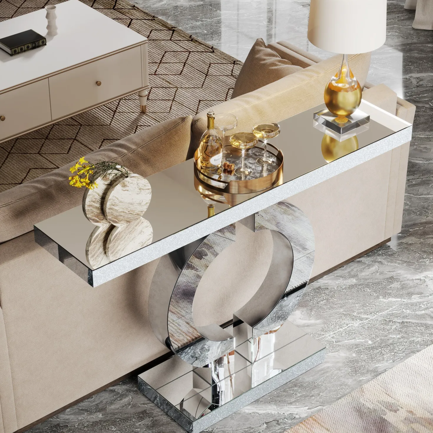 43" Mirrored Console Table, Modern Silver Sofa Table with O-Shaped Base