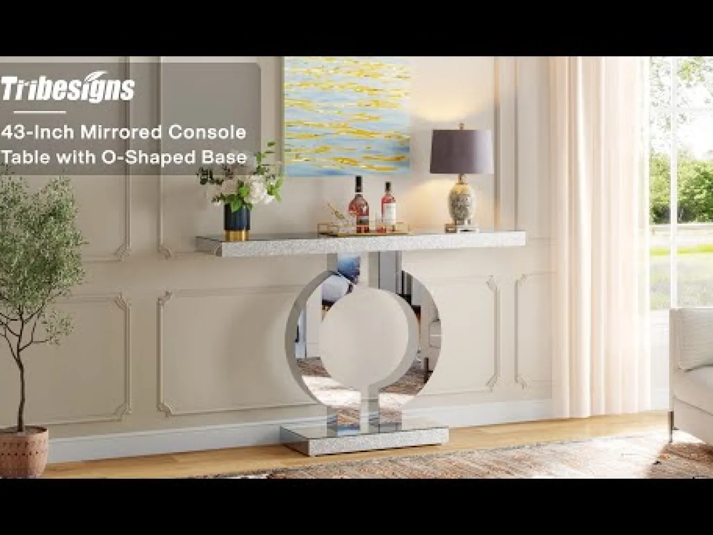 43" Mirrored Console Table, Modern Silver Sofa Table with O-Shaped Base