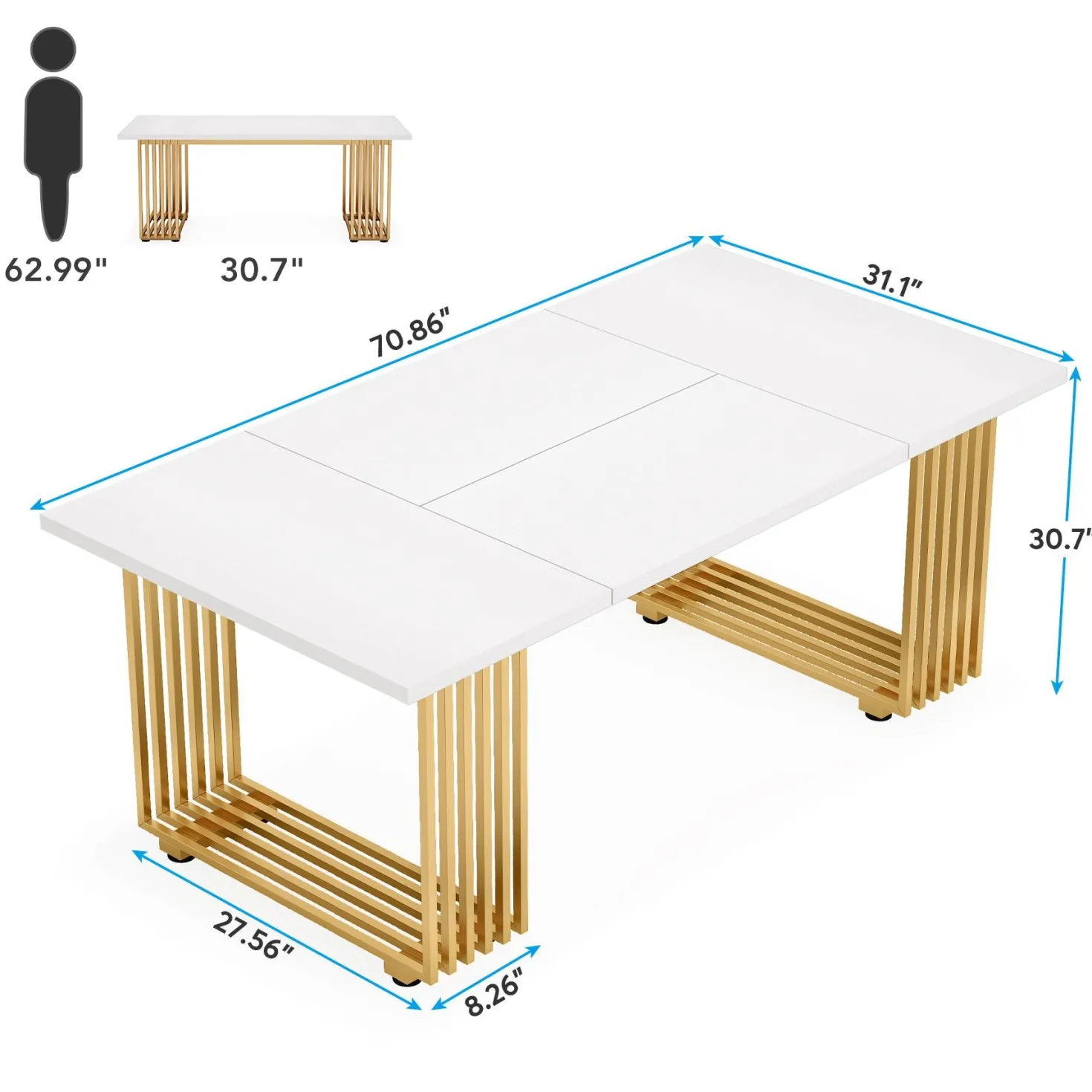 70.9" Modern Executive Desk, Gold and White Office Computer Desk Conference Table