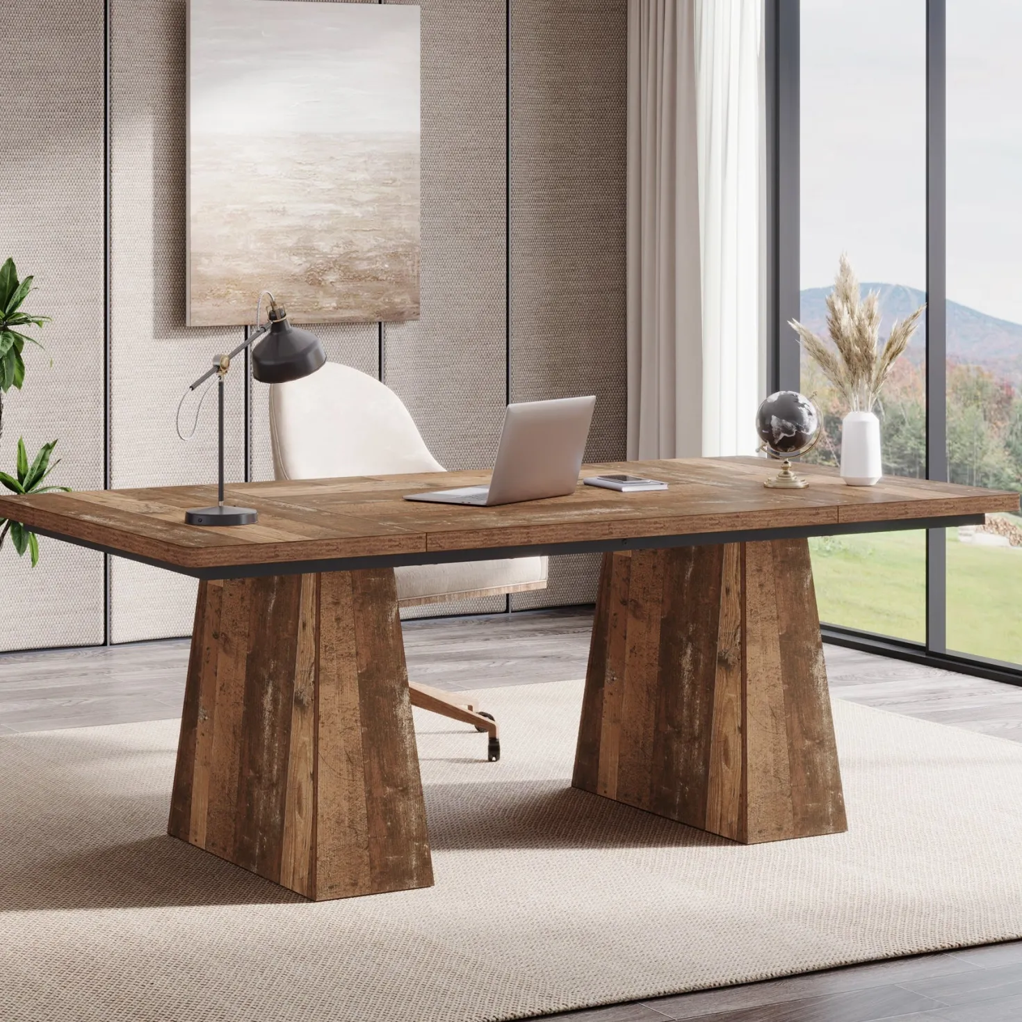63" Modern Executive Desk, Large Office Computer Desk with Sturdy Double Pedestal