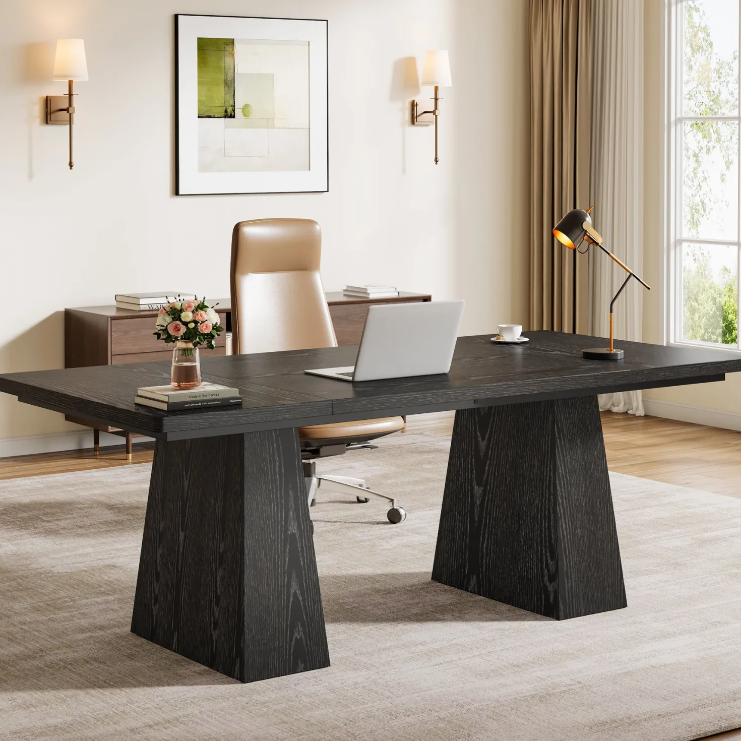 63" Modern Executive Desk, Large Office Computer Desk with Sturdy Double Pedestal