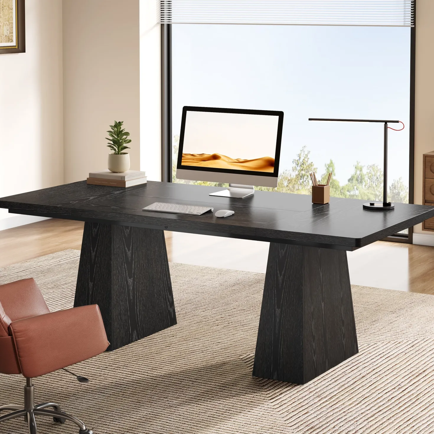 63" Modern Executive Desk, Large Office Computer Desk with Sturdy Double Pedestal