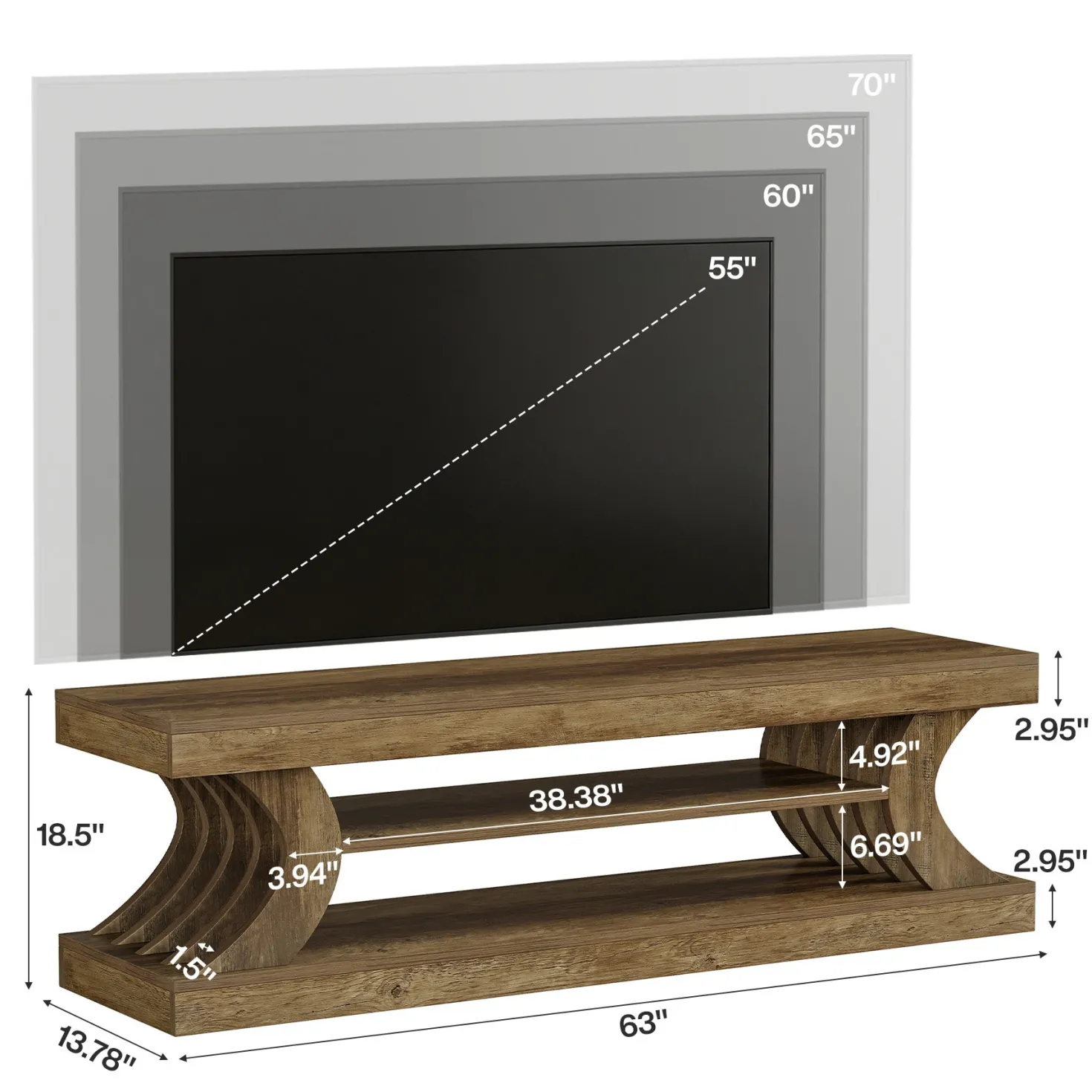 63" Modern TV Stand, C-Shaped 3-Tier Entertainment Center for 55/65/70 Inch TVs