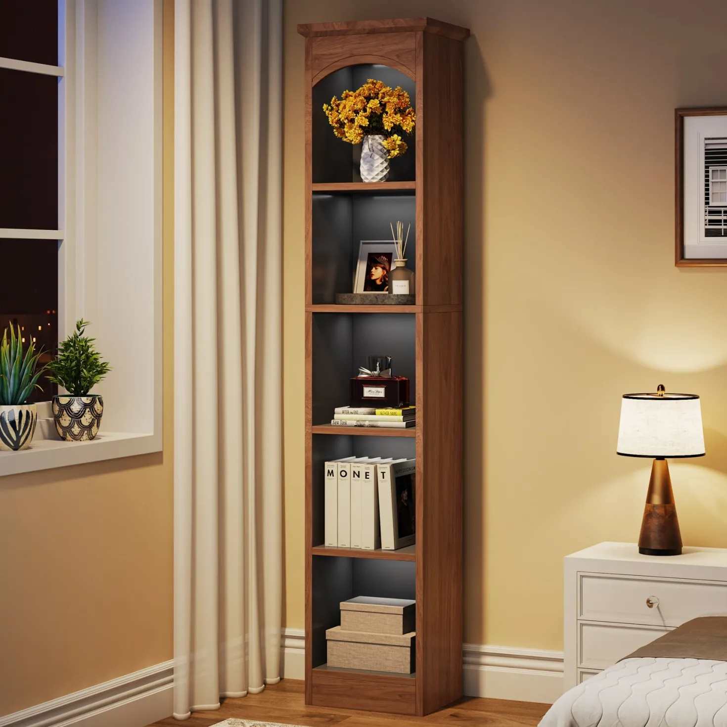 70.9" Narrow Bookcase, 5-Tier Cube Bookshelf Display Rack with Storage