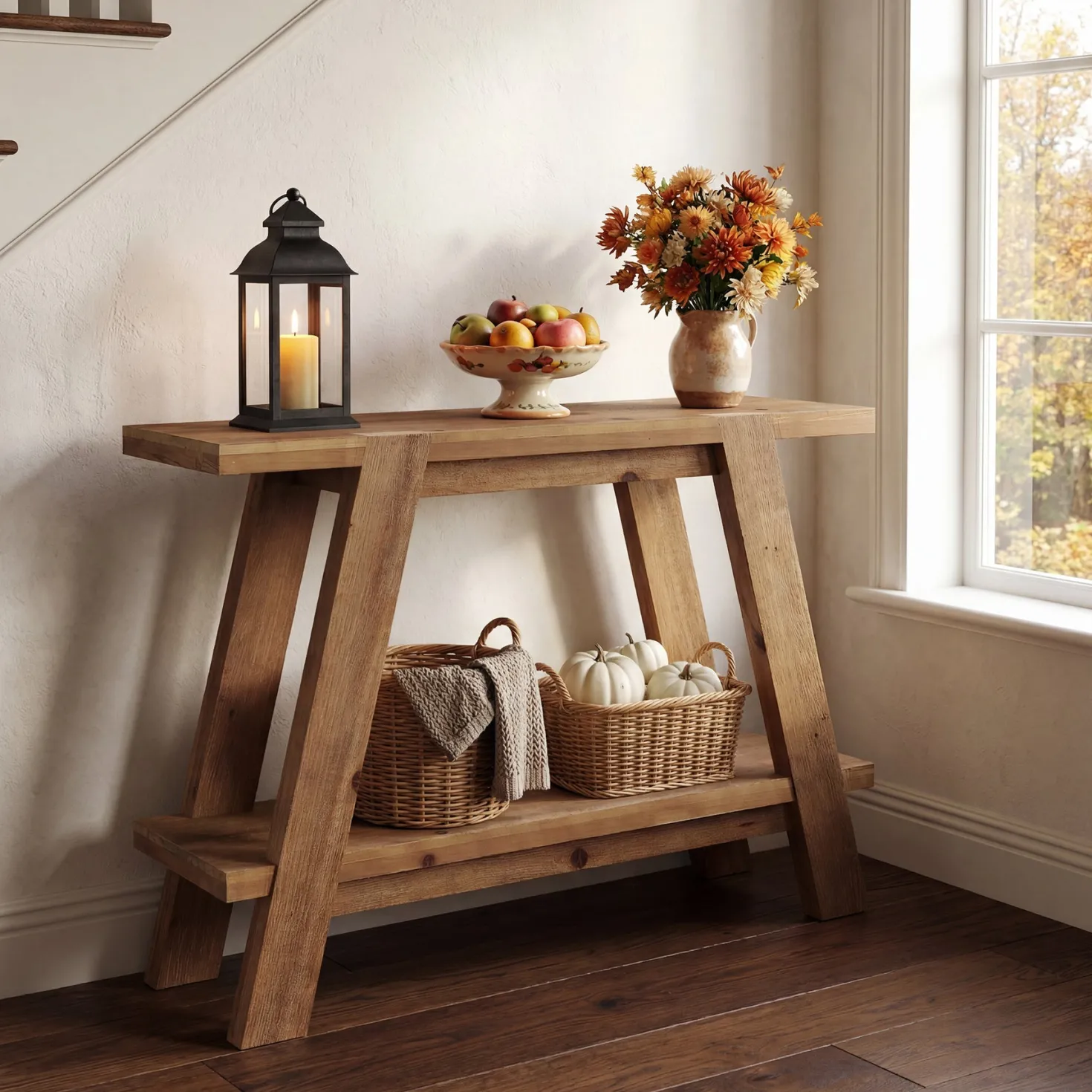 43" Narrow Console Table, 2-Tier Solid Wood Sofa Entryway Table