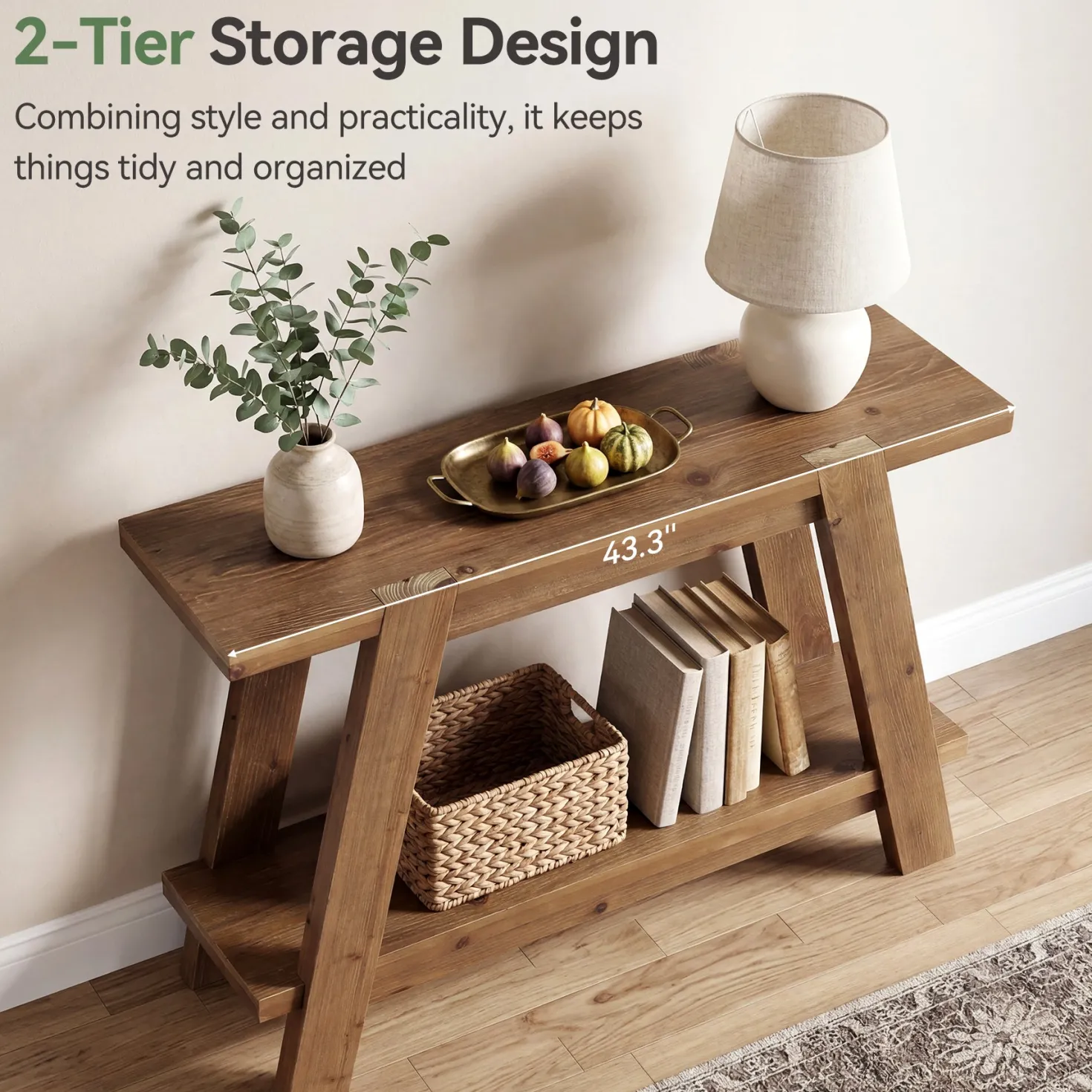 43" Narrow Console Table, 2-Tier Solid Wood Sofa Entryway Table