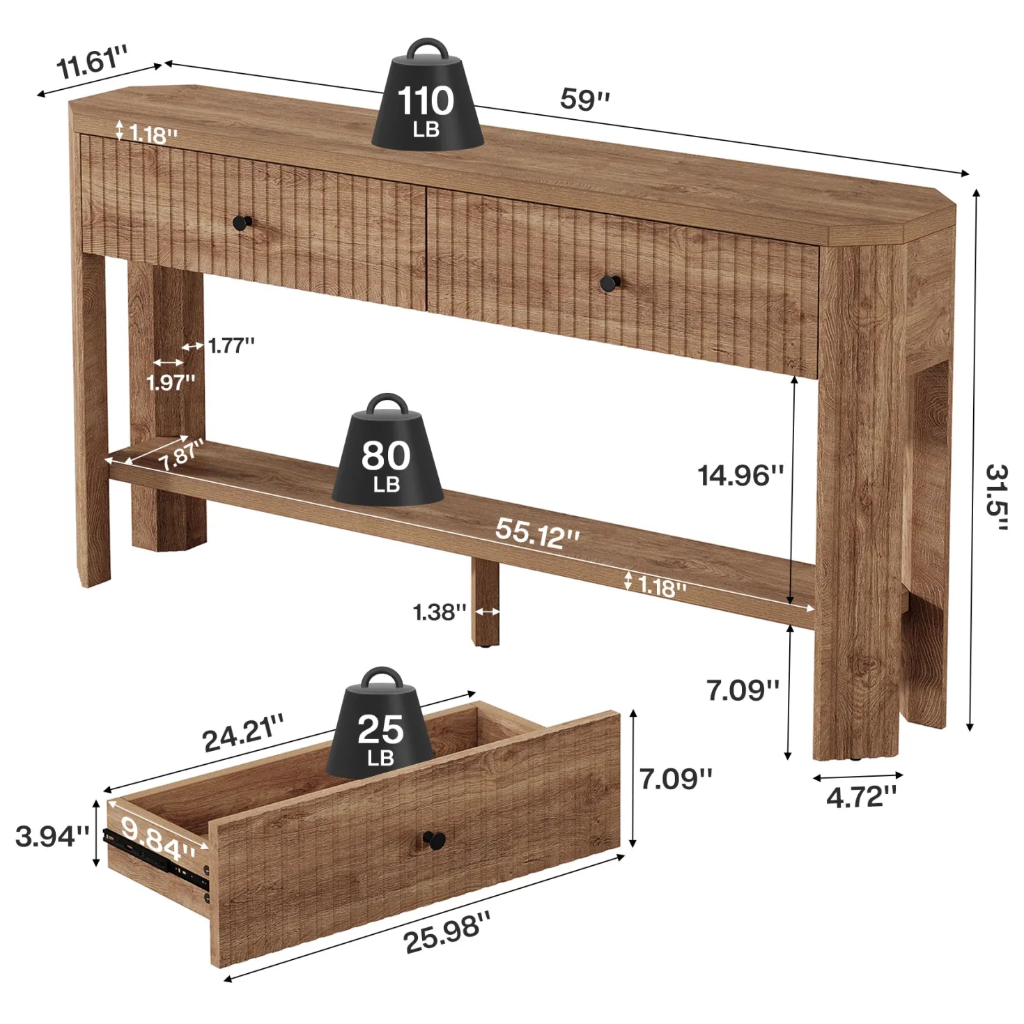 59" Narrow Console Table with 2 Drawers, Entryway Sofa Table with Storage Shelf for Hallway & Living Room
