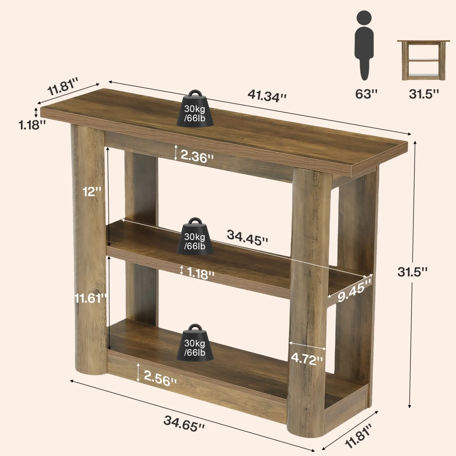 47" Narrow Console Table with Shelves, 3-Tier Entryway Sofa Table with Thick Frame for Hallway & Living Room