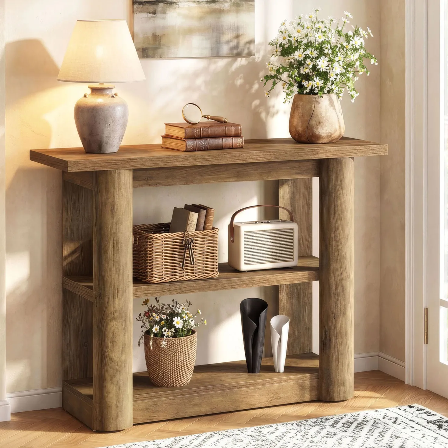 47" Narrow Console Table with Shelves, 3-Tier Entryway Sofa Table with Thick Frame for Hallway & Living Room