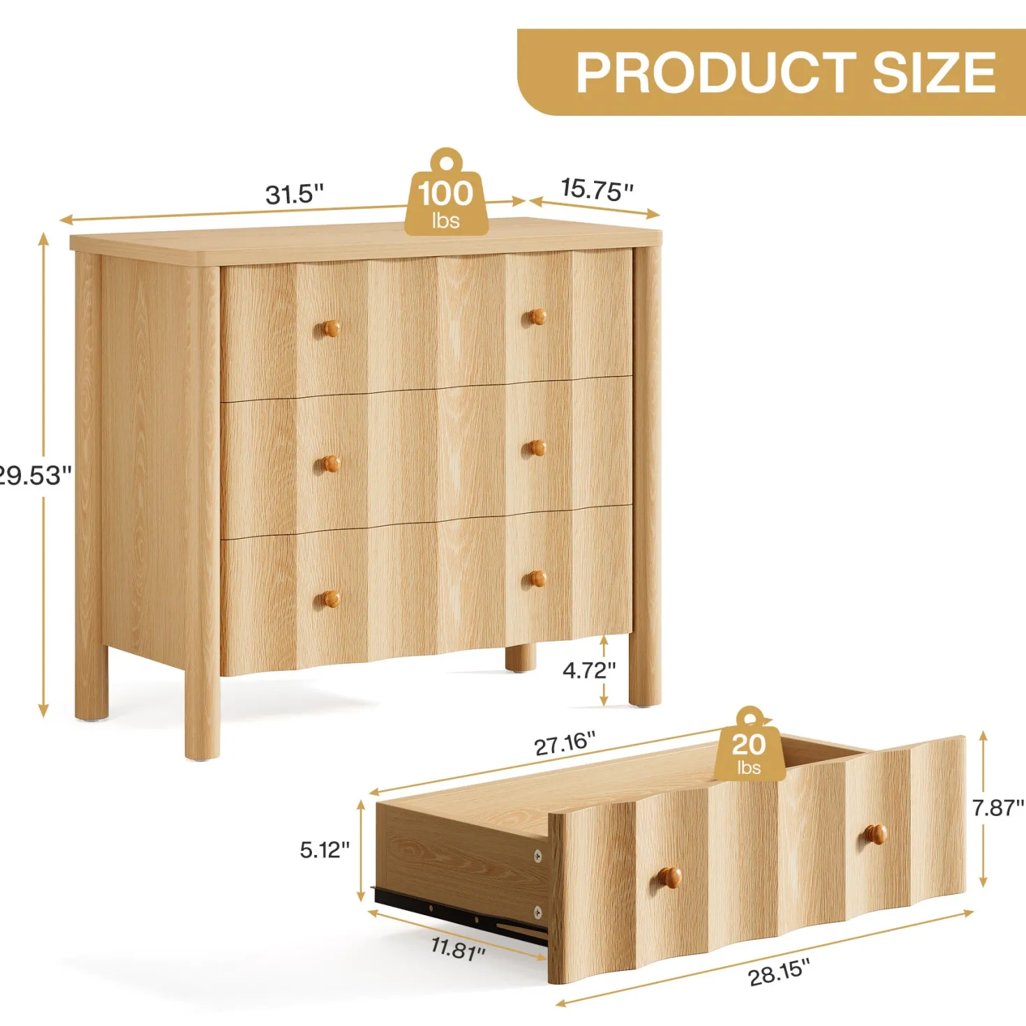 31.5" Nightstand, Modern Oversized Bedside Table with 3 Drawers