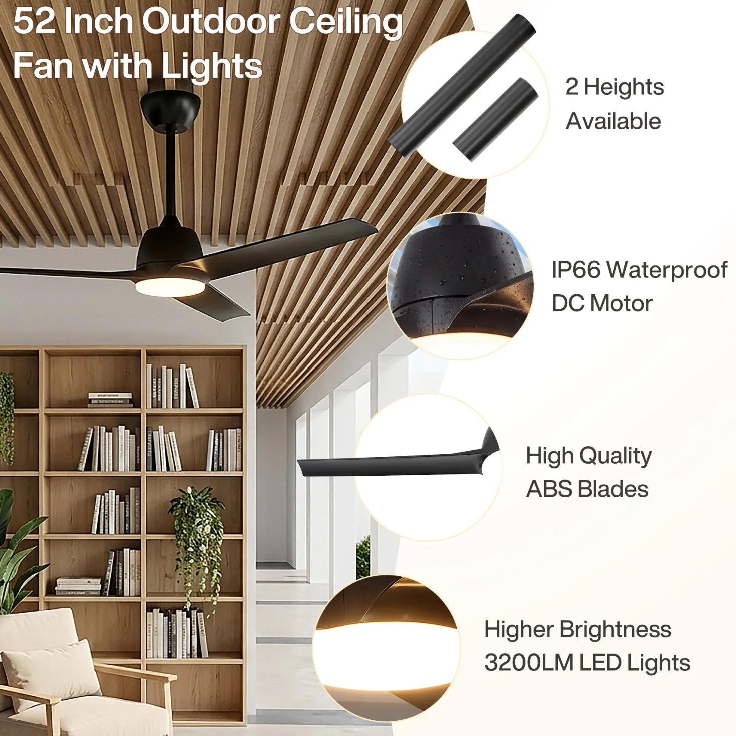 52" Outdoor Ceiling Fans with Lights and Remote, IP66 Waterproof Ceiling Fan With 2 Downrods