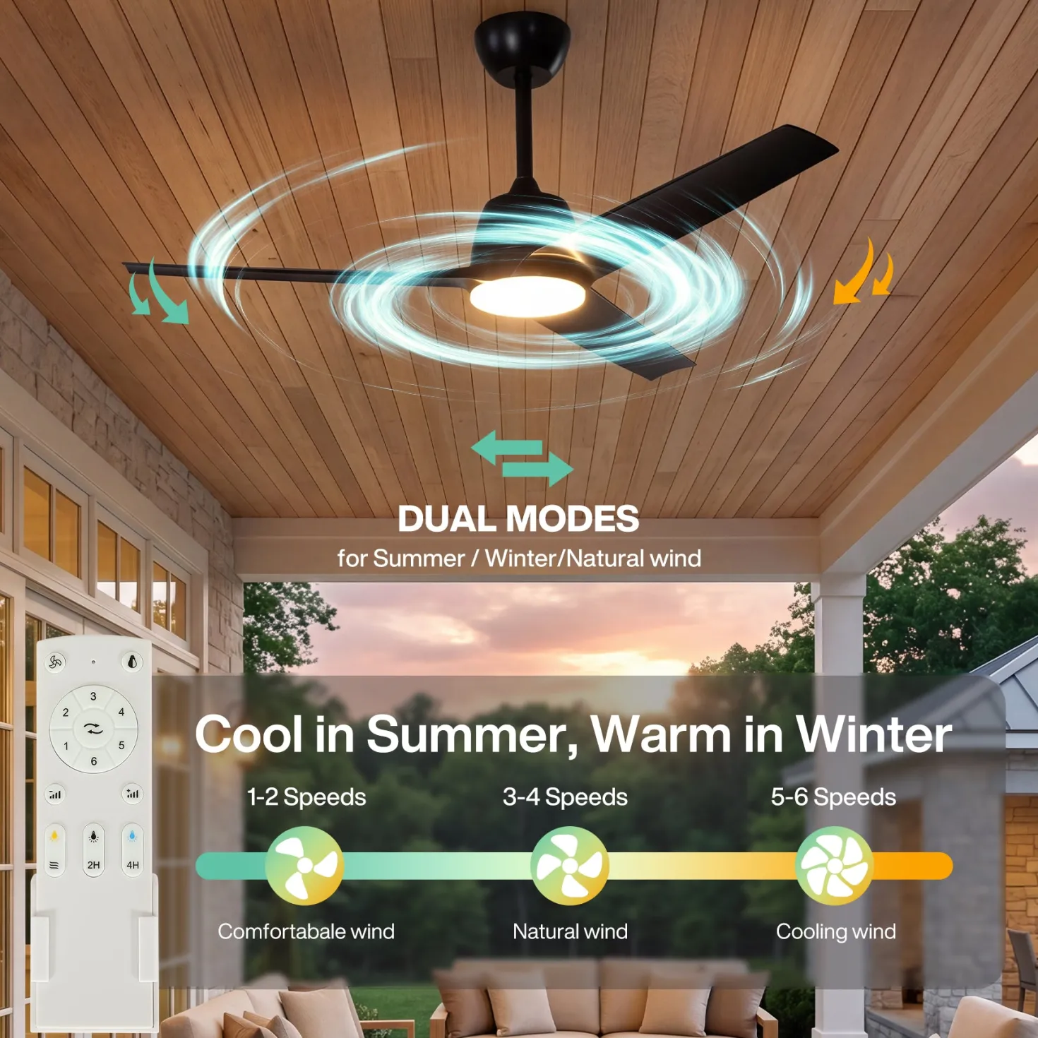 52" Outdoor Ceiling Fans with Lights and Remote, IP66 Waterproof Ceiling Fan With 2 Downrods