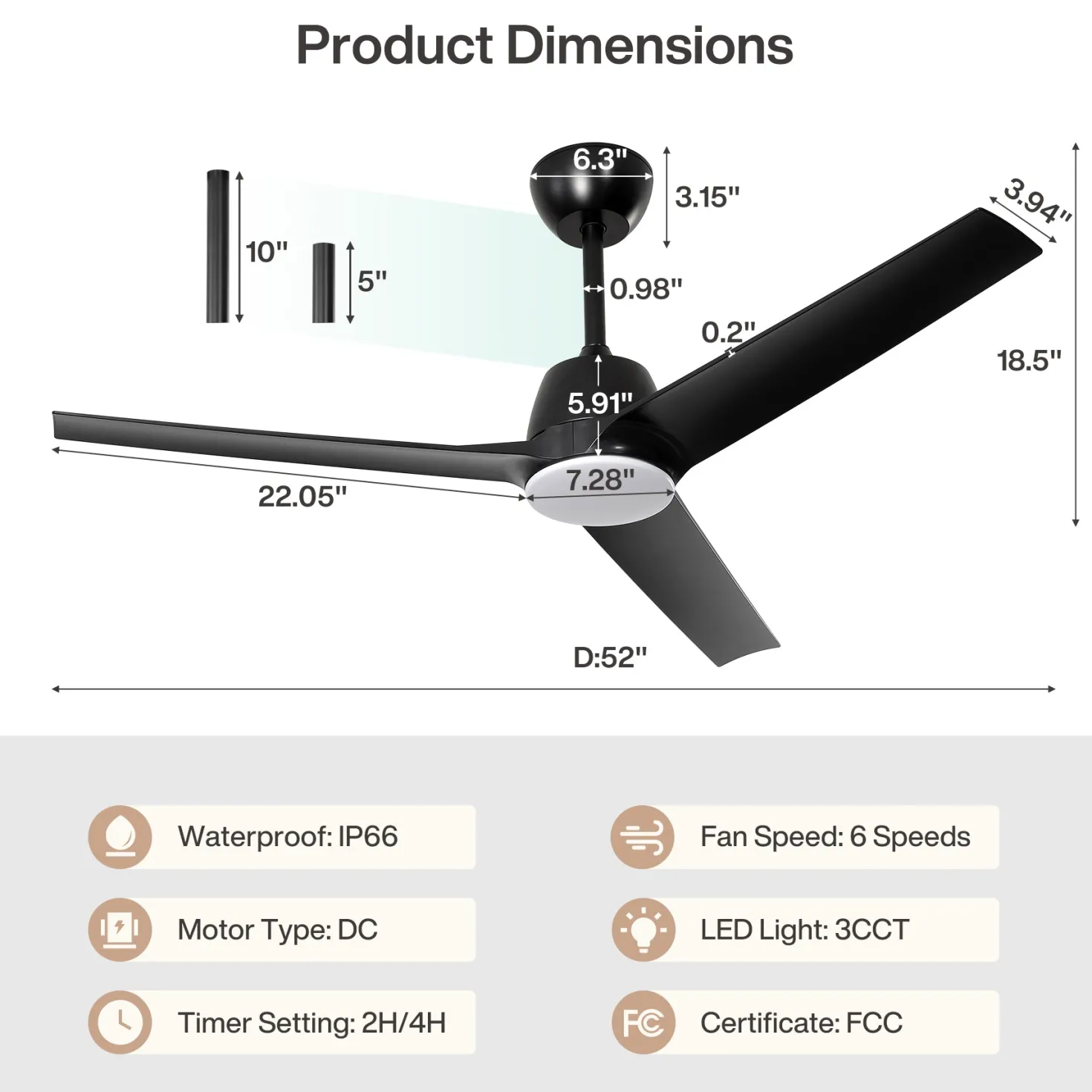52" Outdoor Ceiling Fans with Lights and Remote, IP66 Waterproof Ceiling Fan With 2 Downrods