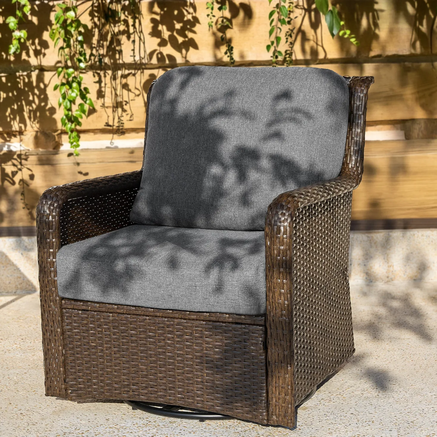 29.53" Outdoor Wicker Swivel Chair, Patio Rattan Rocking Chair with Thick Gray Cushions