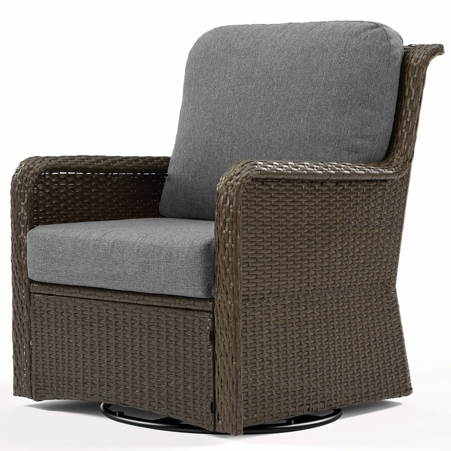 29.53" Outdoor Wicker Swivel Chair, Patio Rattan Rocking Chair with Thick Gray Cushions