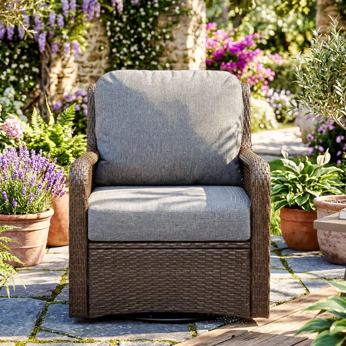 29.53" Outdoor Wicker Swivel Chair, Patio Rattan Rocking Chair with Thick Gray Cushions