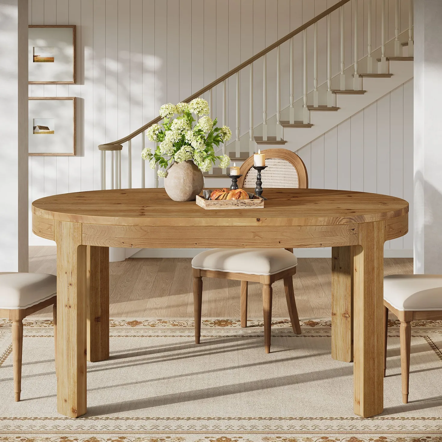 55" Oval Dining Table, Solid Wood Kitchen Dinner Table for 4 People