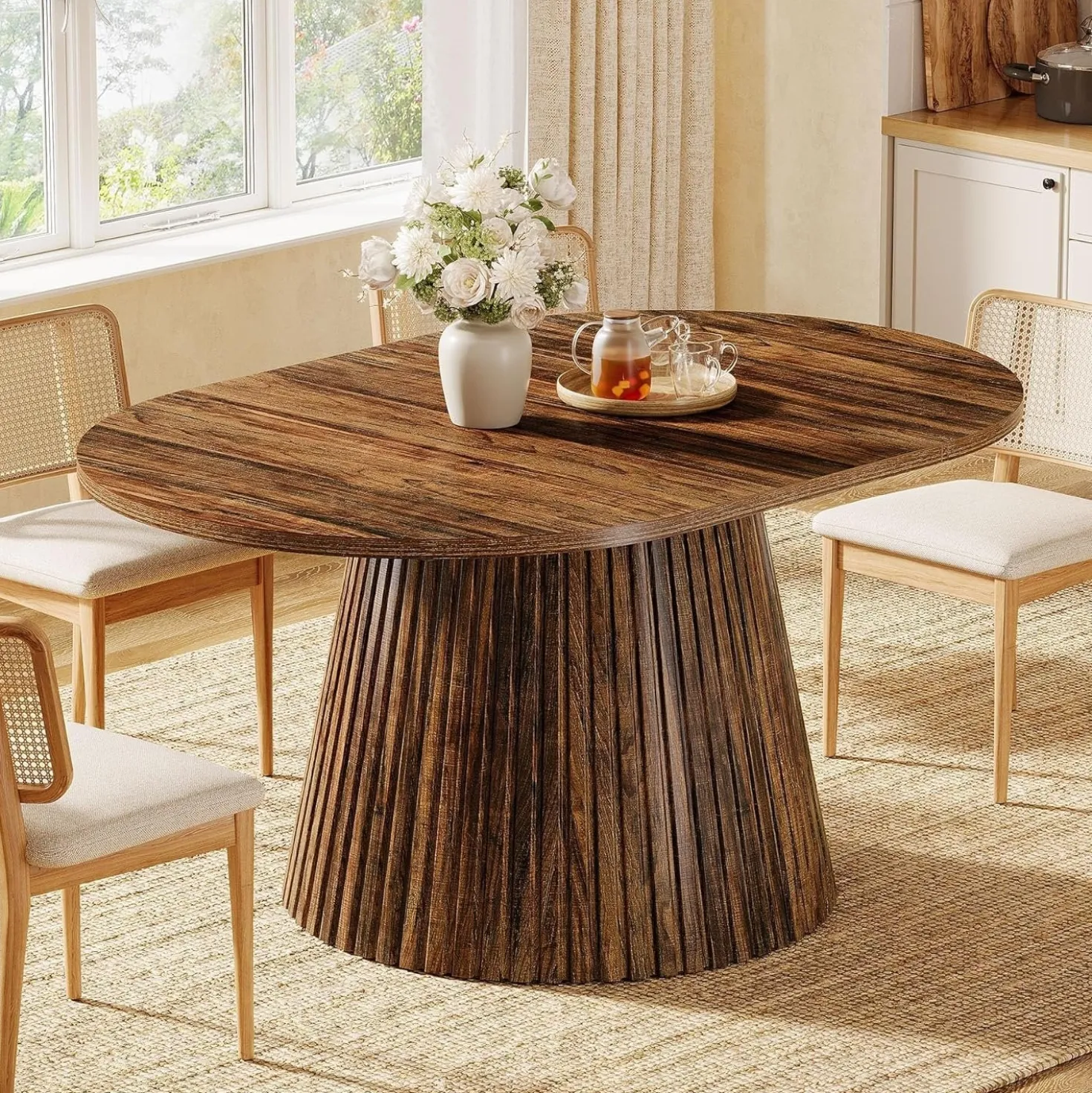 59" Oval Dining Table, Wooden Kitchen Dinner Table with Heavy Pedestal for 4-6 People