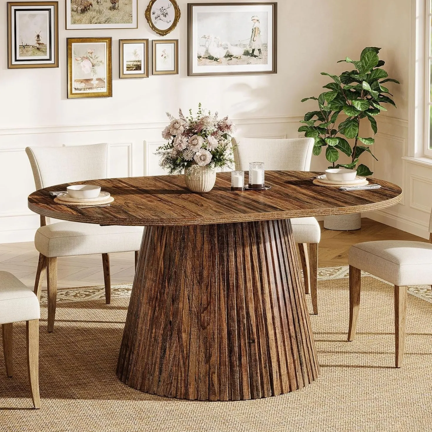 59" Oval Dining Table, Wooden Kitchen Dinner Table with Heavy Pedestal for 4-6 People
