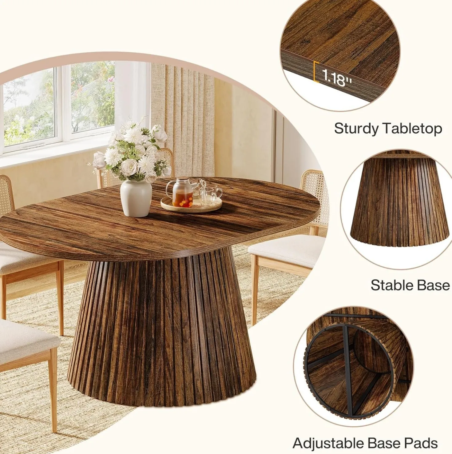59" Oval Dining Table, Wooden Kitchen Dinner Table with Heavy Pedestal for 4-6 People
