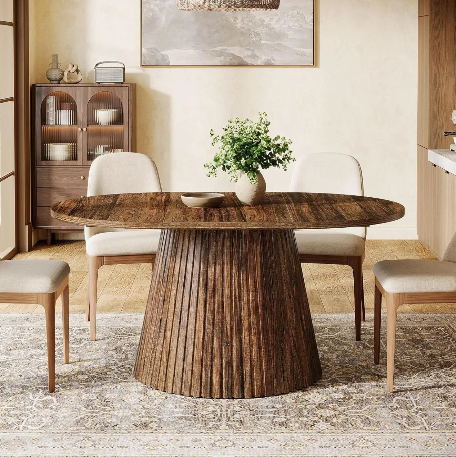 59" Oval Dining Table, Wooden Kitchen Dinner Table with Heavy Pedestal for 4-6 People
