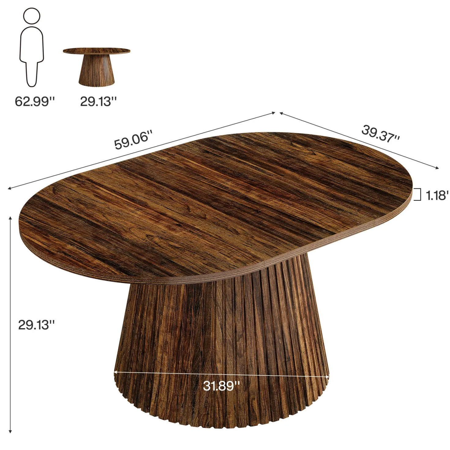 59" Oval Dining Table, Wooden Kitchen Dinner Table with Heavy Pedestal for 4-6 People