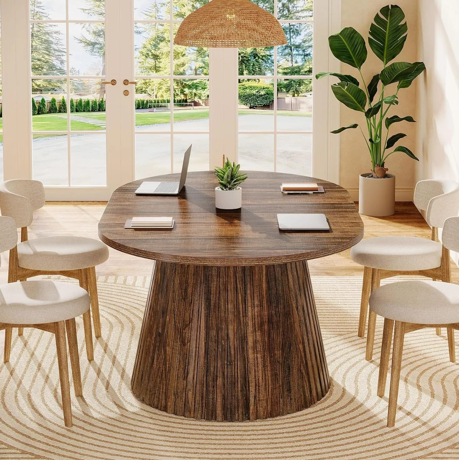 59" Oval Dining Table, Wooden Kitchen Dinner Table with Heavy Pedestal for 4-6 People