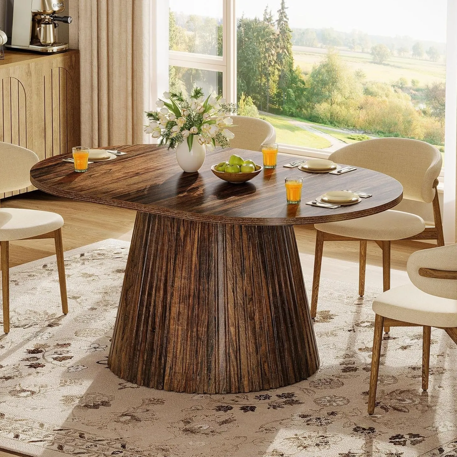 59" Oval Dining Table, Wooden Kitchen Dinner Table with Heavy Pedestal for 4-6 People