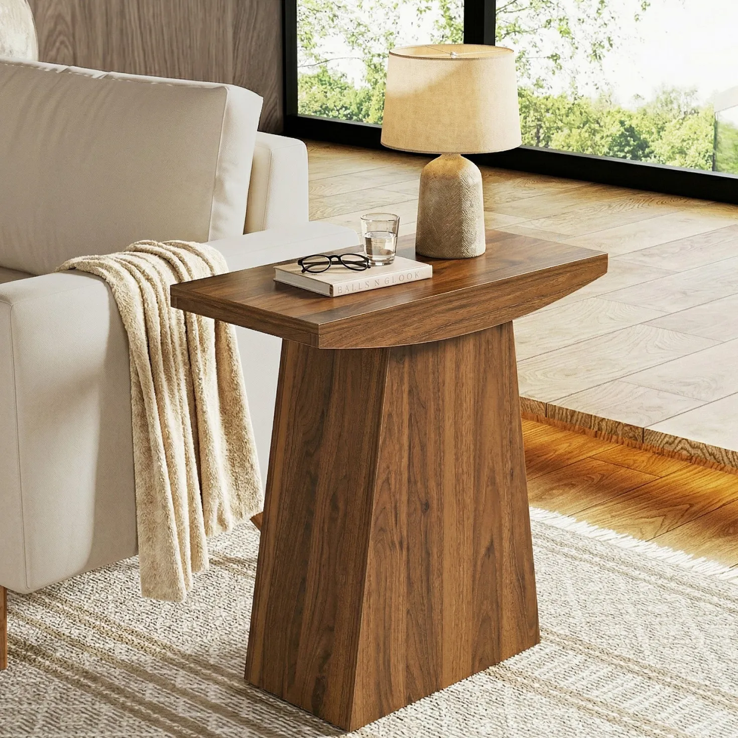 23.6" Pedestal End Table, Farmhouse Sofa Couch Side Table with Trapezoid Base
