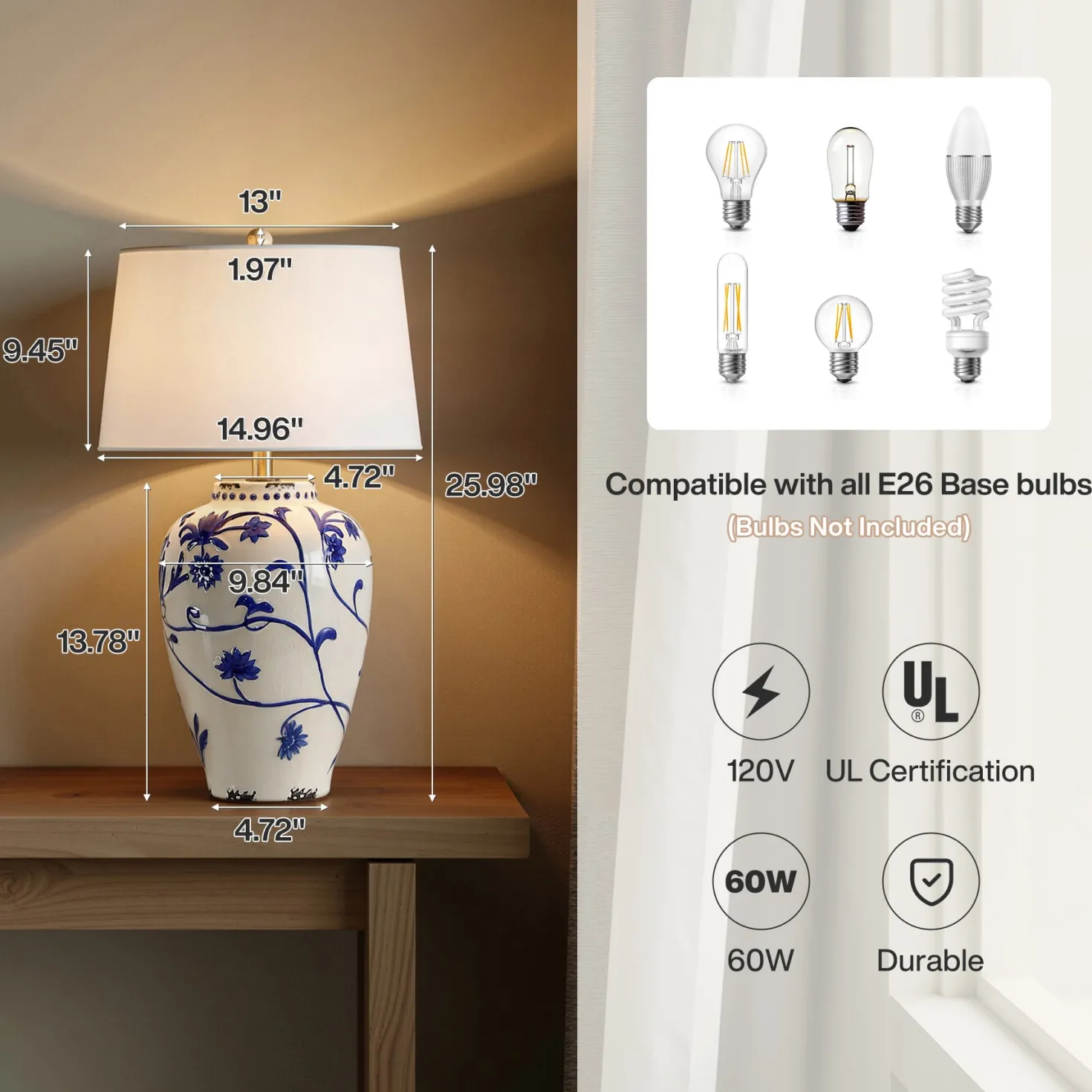 26" Porcelain Table Lamp, Lighting Fixtures with Patterned Decorative Bases
