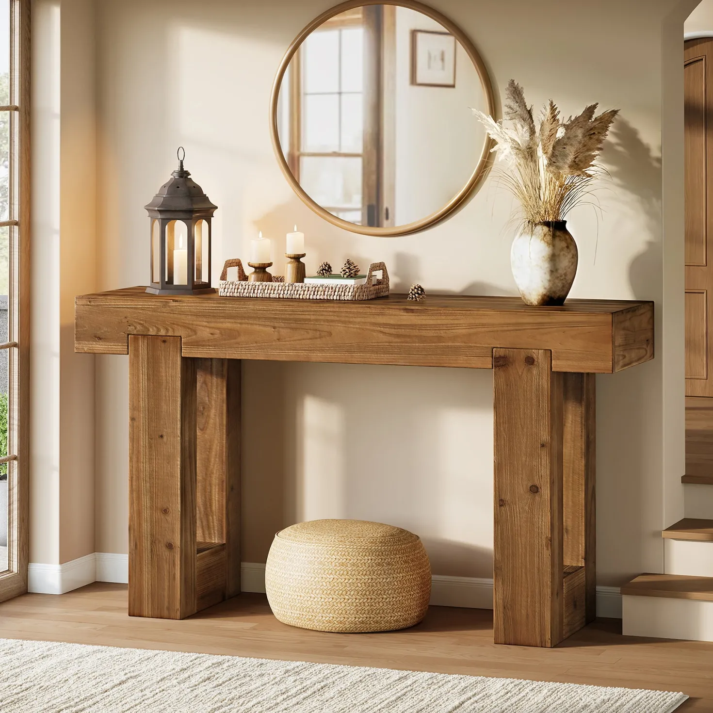 55" Rectangle Console Table, Farmhouse Solid Wood Sofa Table Entryway Furniture