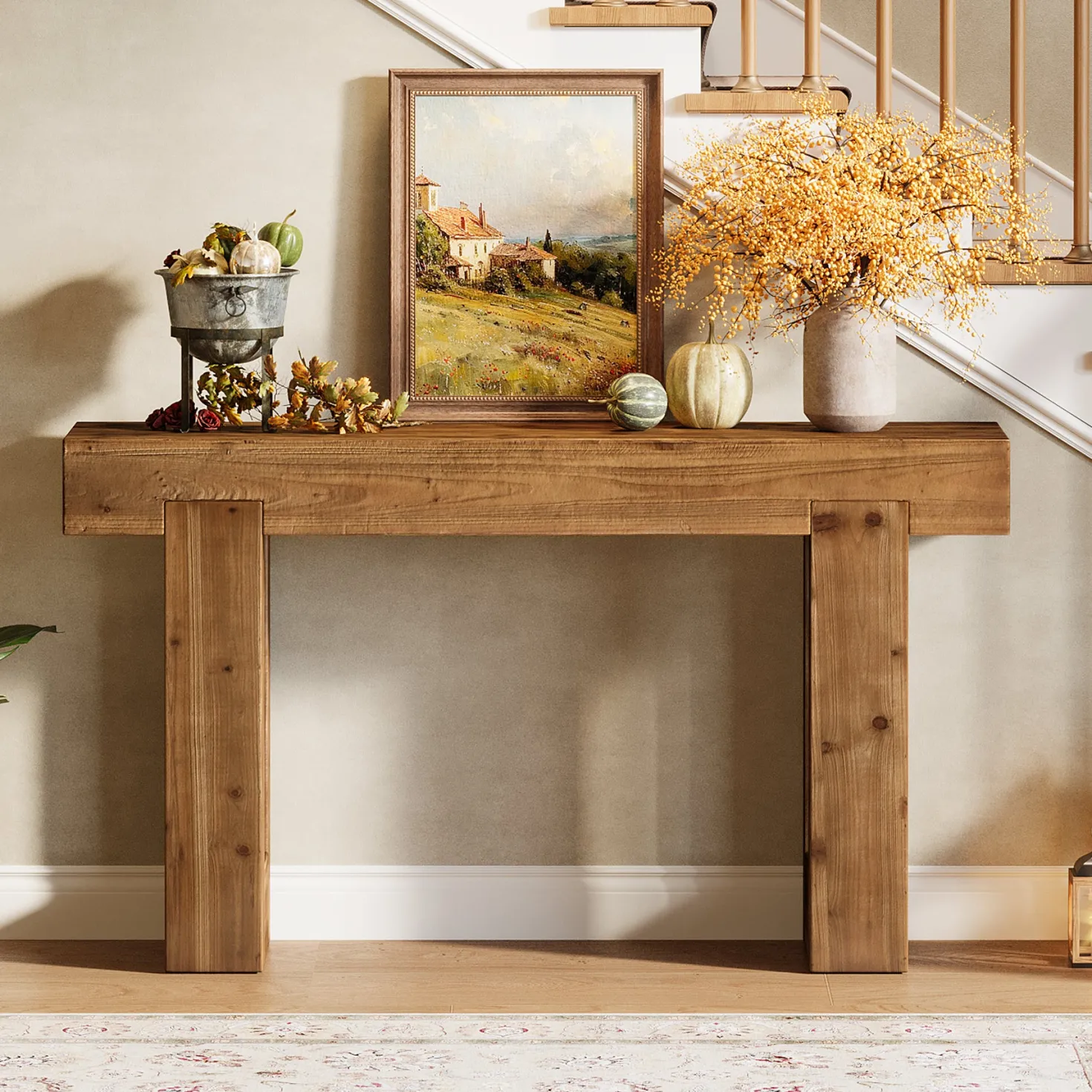 55" Rectangle Console Table, Farmhouse Solid Wood Sofa Table Entryway Furniture