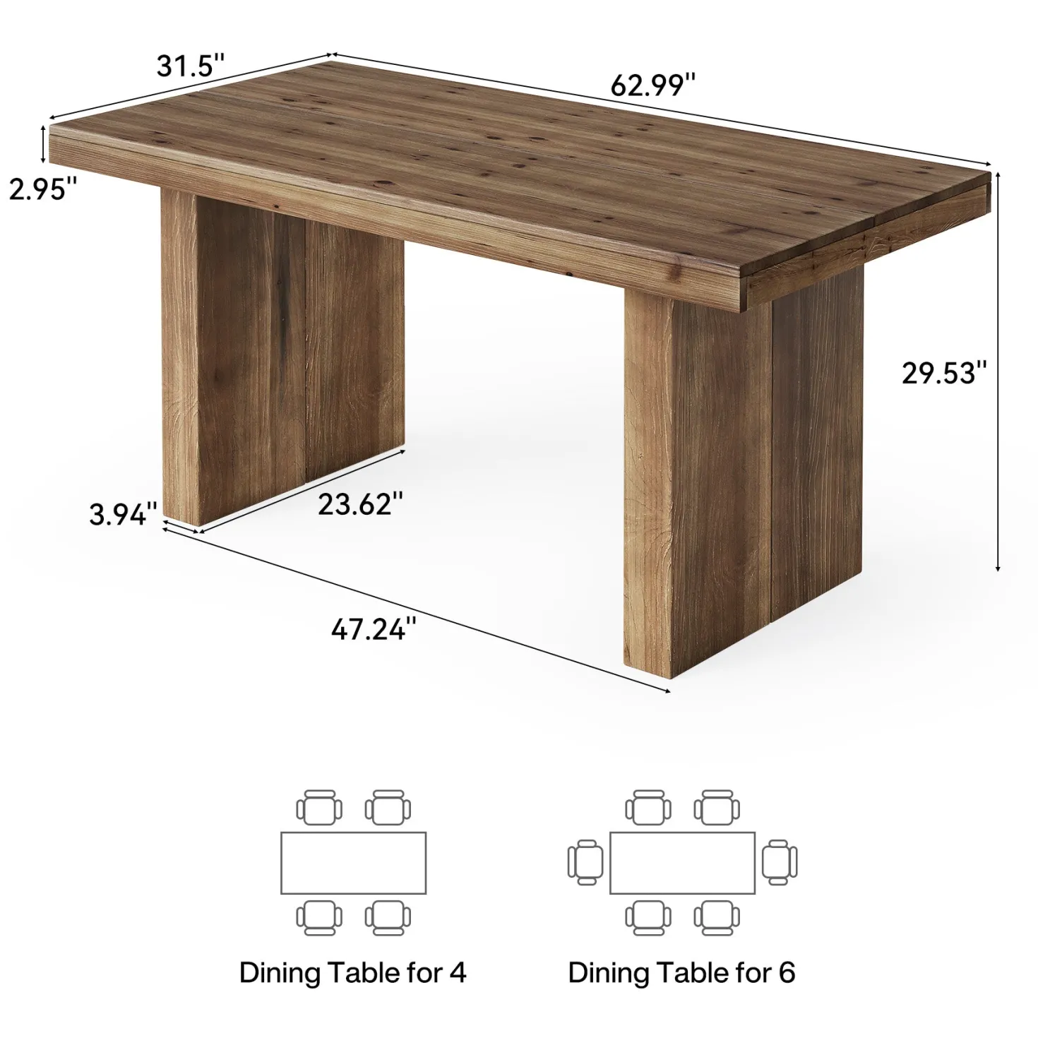 63" Rectangle Dining Table, Farmhouse Solid Wood Kitchen Dinner Table for 4-6 People