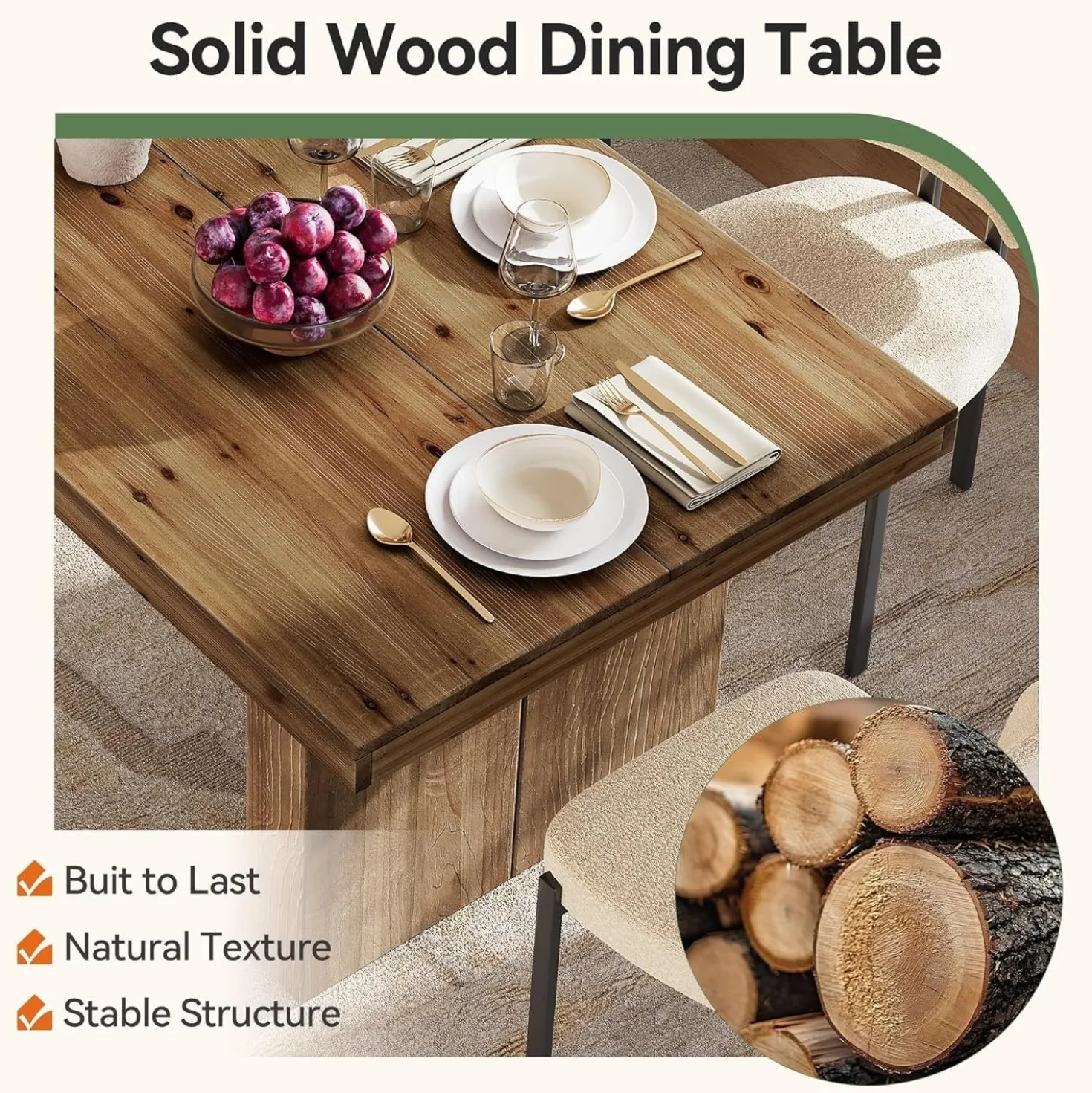 63" Rectangle Dining Table, Farmhouse Solid Wood Kitchen Dinner Table for 4-6 People
