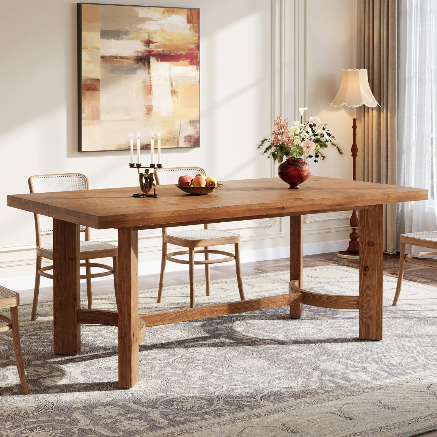 63" Rectangle Dining Table, Solid Wood Farmhouse Kitchen Table for 4-6