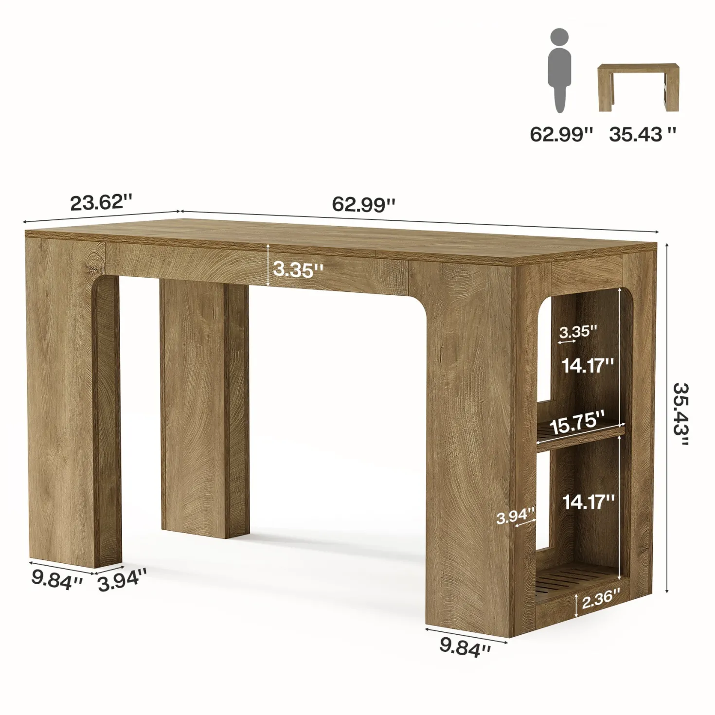 63" Rectangular Bar Table, Counter Height Pub Cocktail Table with 2 Shelves