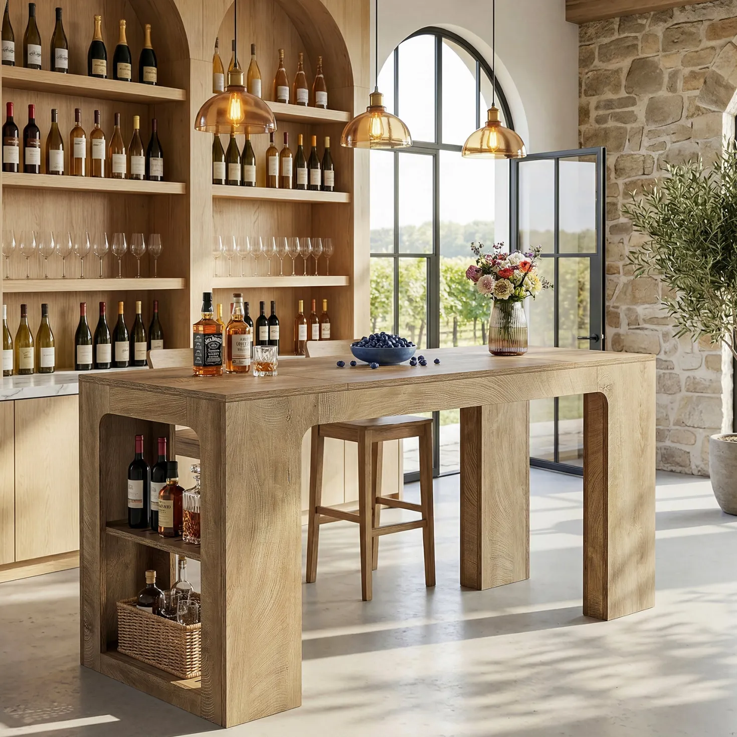 63" Rectangular Bar Table, Counter Height Pub Cocktail Table with 2 Shelves