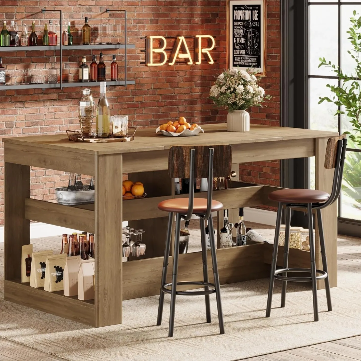 63" Rectangular Bar Table, Counter Height Pub Table with Storage Shelves for Home Bar