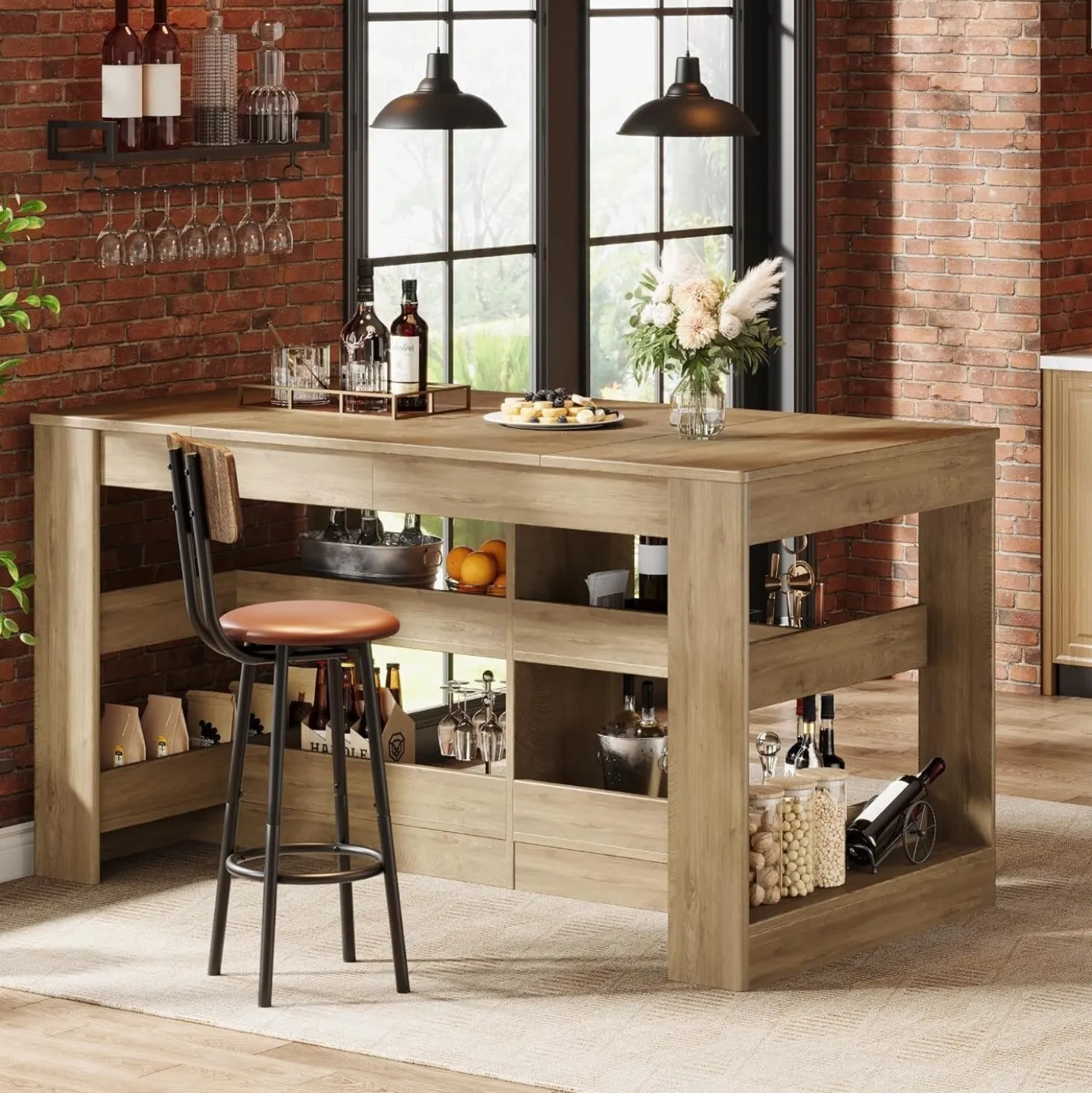 63" Rectangular Bar Table, Counter Height Pub Table with Storage Shelves for Home Bar