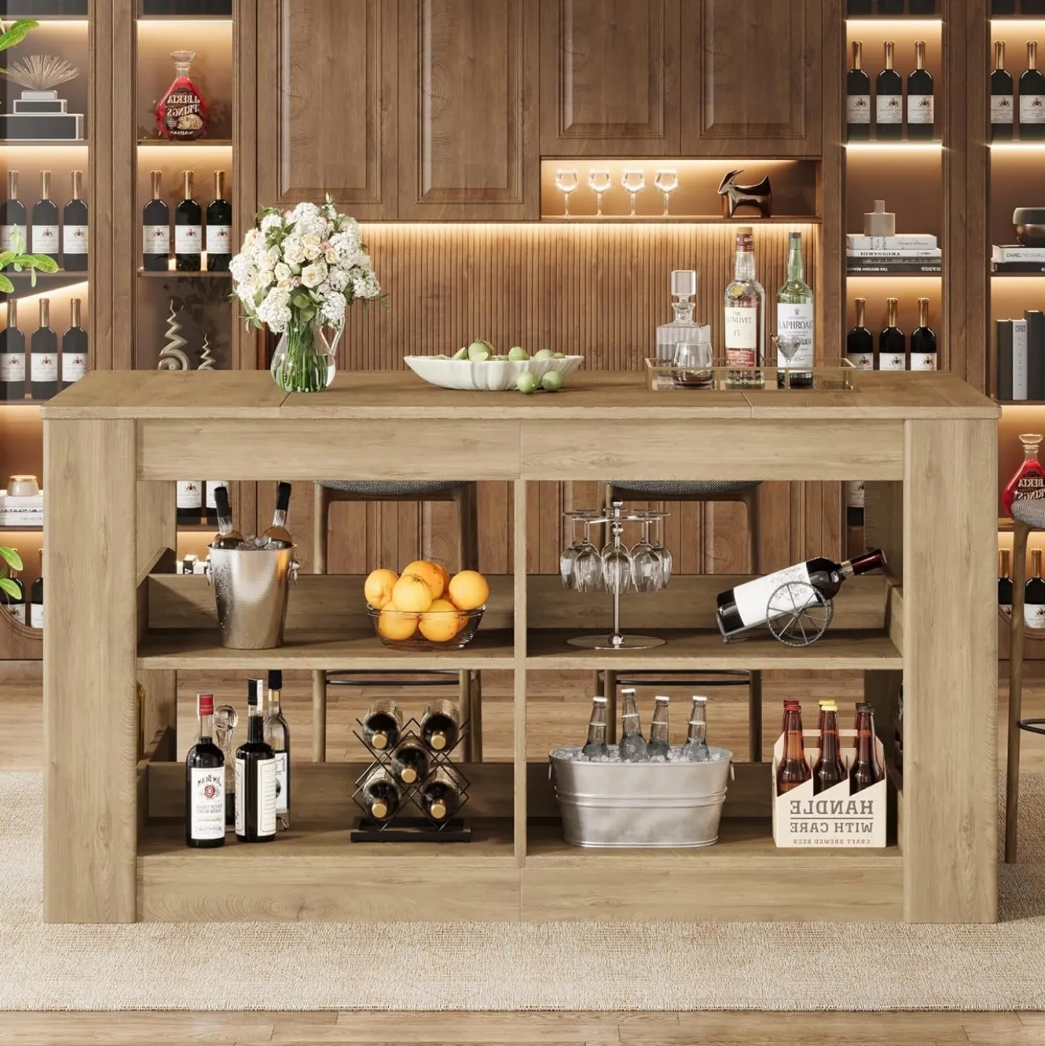 63" Rectangular Bar Table, Counter Height Pub Table with Storage Shelves for Home Bar