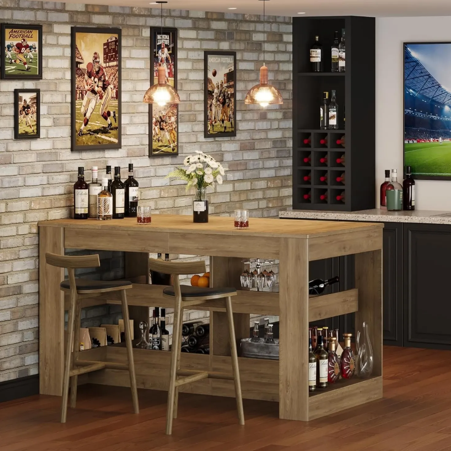 63" Rectangular Bar Table, Counter Height Pub Table with Storage Shelves for Home Bar