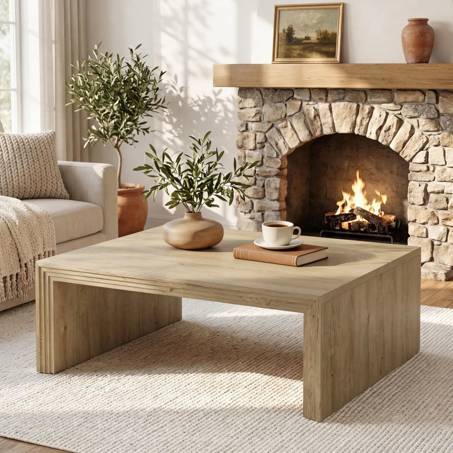 47" Rectangular Coffee Table with Spacious Top, Farmhouse Center Table for Living Room