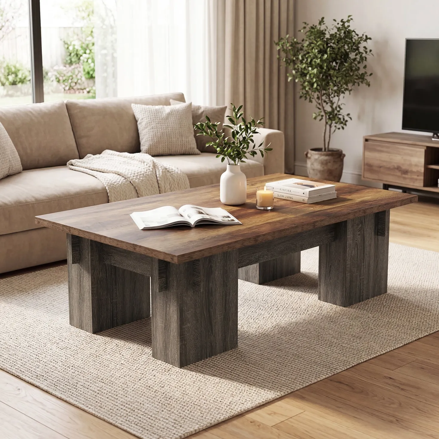 55" Rectangular Coffee Table for Living Room, Modern Center Table with Wood Finish