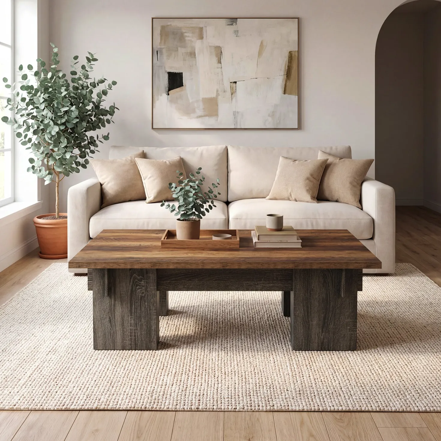 55" Rectangular Coffee Table for Living Room, Modern Center Table with Wood Finish