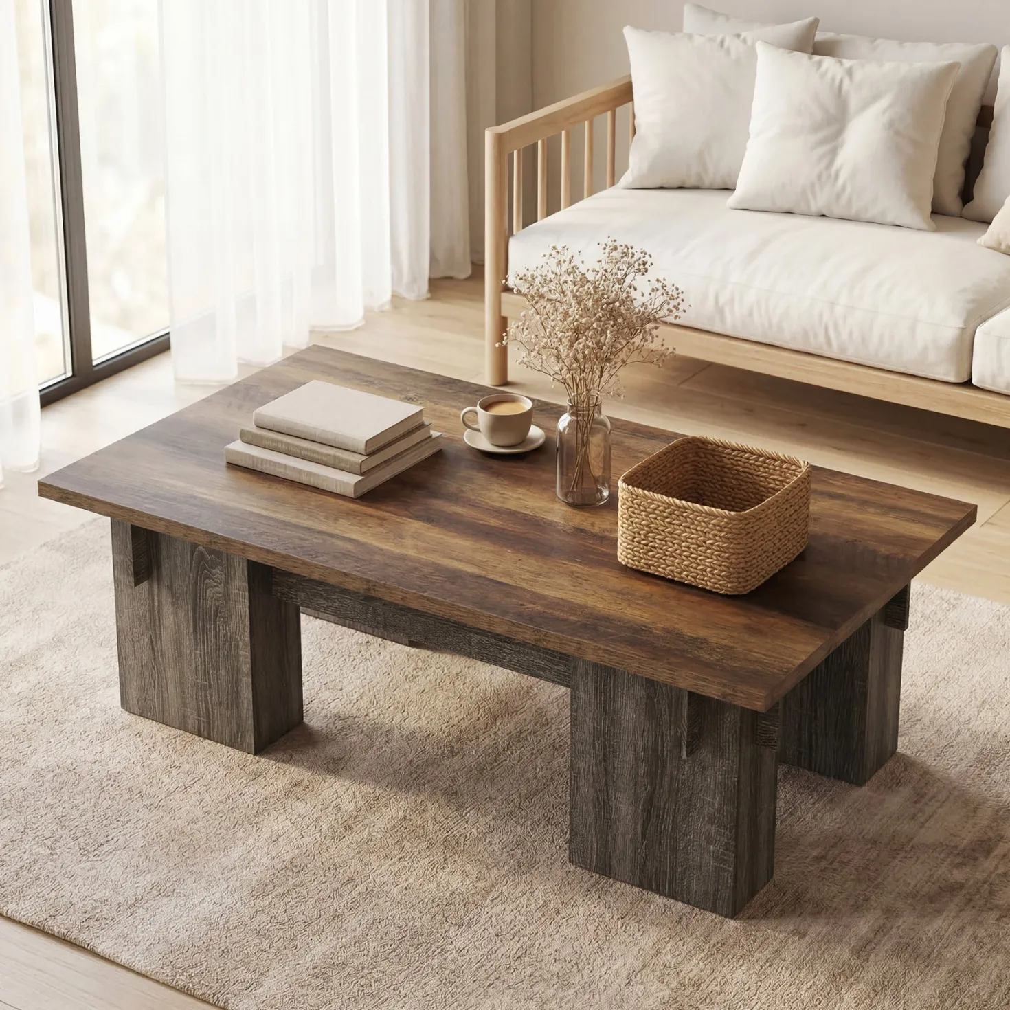 55" Rectangular Coffee Table for Living Room, Modern Center Table with Wood Finish