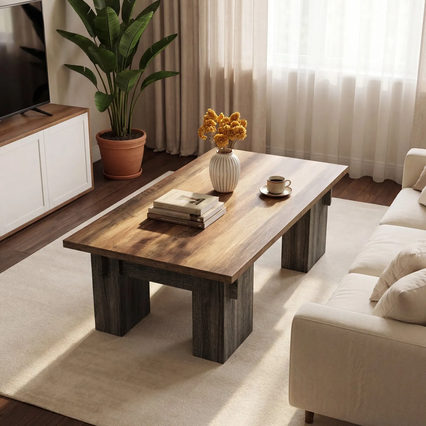 55" Rectangular Coffee Table for Living Room, Modern Center Table with Wood Finish
