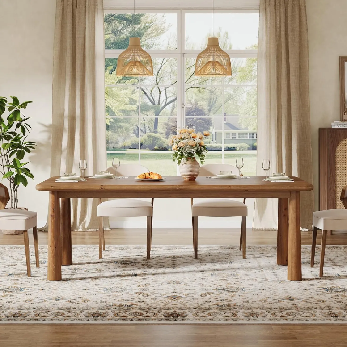 63" Rectangular Dining Table, Solid Wood Kitchen Table for 4 to 6 People